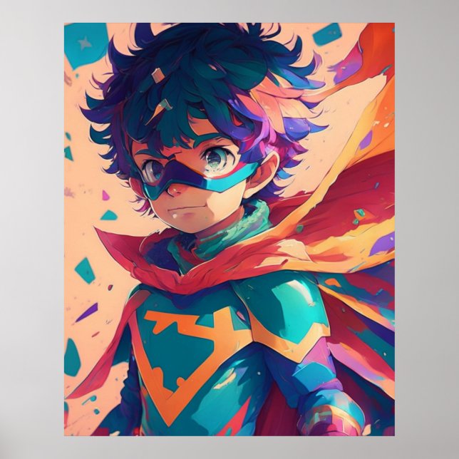 Blue and Red Anime Superhero Boy Poster (Vorne)