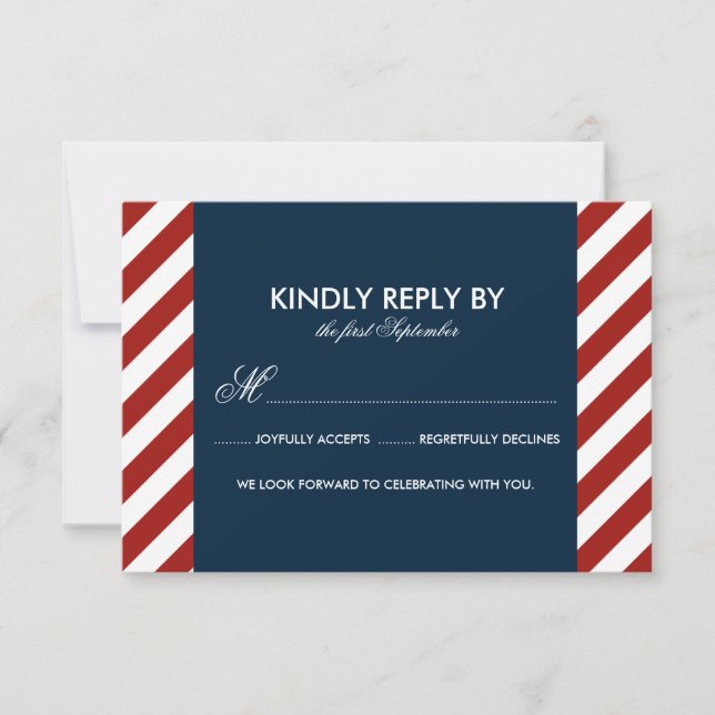 Blue and Red Nautical Stripes Wedding RSVP Card (Vorderseite)
