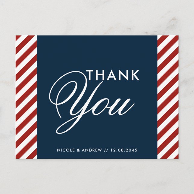 Blue and Red Nautical Wedding Vielen Dank Post Car Postkarte (Vorderseite)