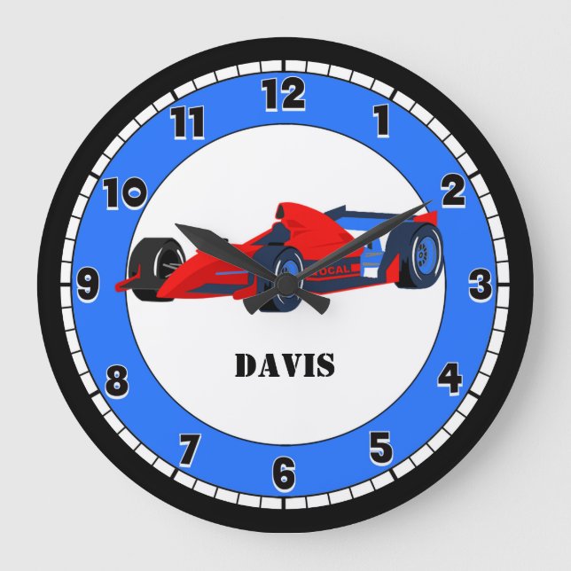 Blue and Red Race Car Custom Kid's Große Wanduhr (Vorderseite)
