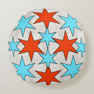 Blue and Red Star Print Rundes Kissen
