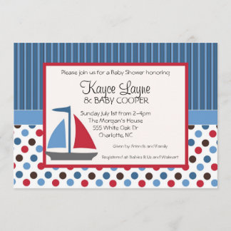 Blue and Red Stripes and Dots Sailboat Einladung