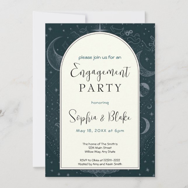 Blue and Silver Celestial Moon Engagement Party Einladung (Vorderseite)