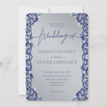 Blue and Silver Damask Einladung