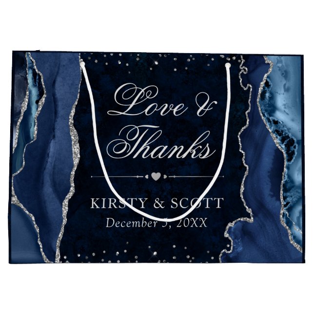 Blue and Silver Glitzer Agate Wedding Große Geschenktüte (Rückseite)