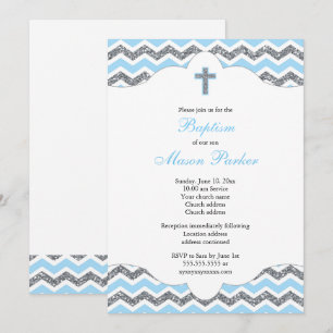 Blue and Silver Glitzer Boy Taufe Christening Einladung