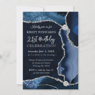 Blue and Silver Imitats Glitzer Agate Birthday Einladung