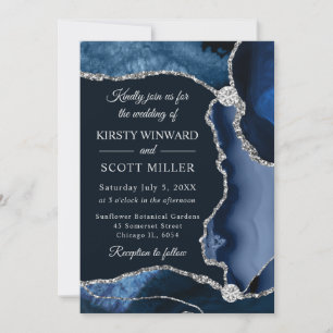 Blue and Silver Imitats Glitzer Agate Wedding Einladung