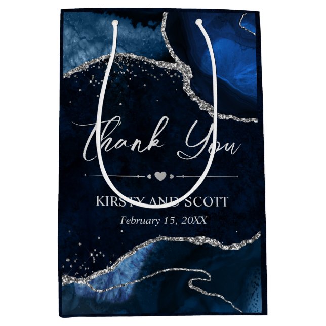 Blue and Silver Imitats Glitzer Agate Wedding Mittlere Geschenktüte (Vorderseite)