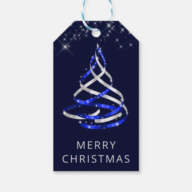 Blue and Silver Ribbon & Glitzer Weihnachtsbaum Geschenkanhänger (Vorderseite)