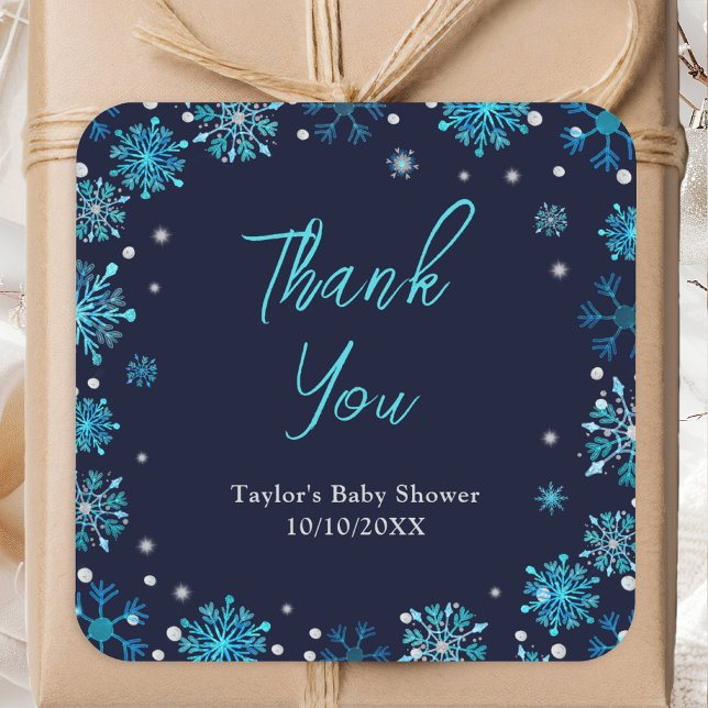 Blue and Silver Snowflakes Baby Dusche Danke Quadratischer Aufkleber (Von Creator hochgeladen)