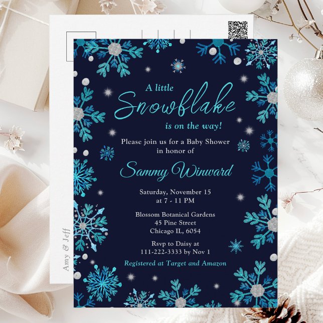 Blue and Silver Snowflakes Winter Baby Dusche Postkarte (Von Creator hochgeladen)