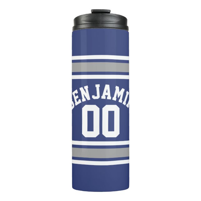 Blue and Silver Sports Jersey Individuelle Name Nu Thermosbecher (Vorderseite)