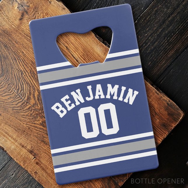 Blue and Silver Sports Jersey Nom personnalisé Num (Custom Bottle Opener - Card Style)