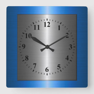 Blue and Silver Stainless Steel Metal Quadratische Wanduhr