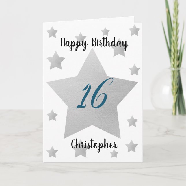 Blue and Silver Stars 16. Geburtstagkarte Karte (Vorderseite)