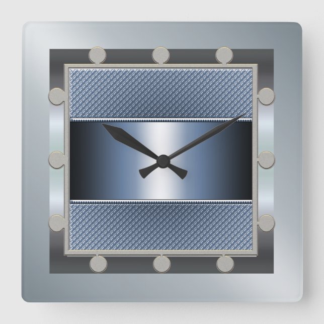 Blue and Silver Wall Clock Quadratische Wanduhr (Vorderseite)
