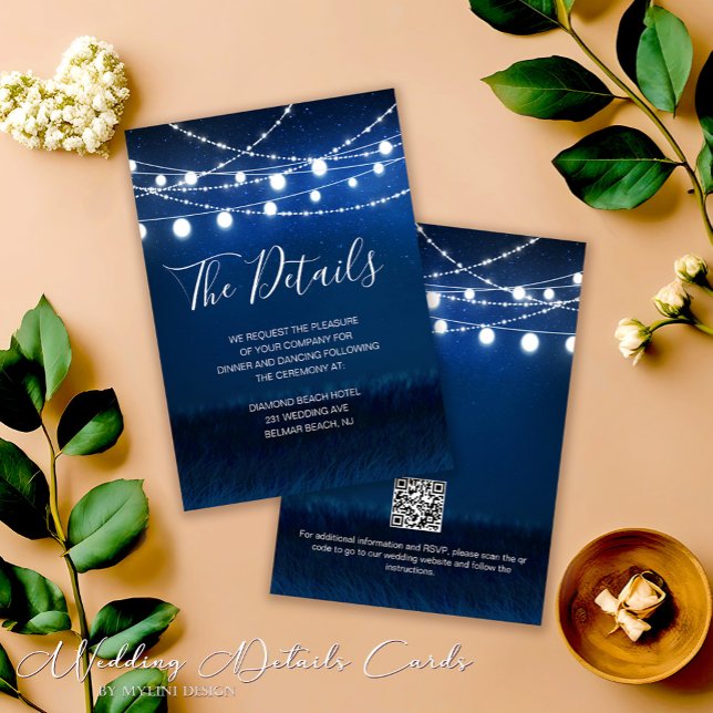 Blue and Silver Wedding Details Card mit QR Code Begleitkarte (Von Creator hochgeladen)