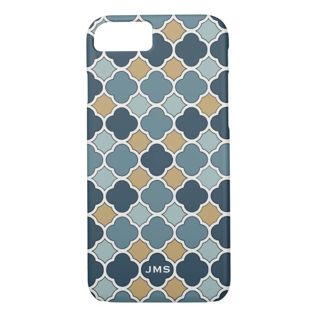 Blue and Tan Quatrefoil Triple Monogram iPhone 7 Case-Mate iPhone Hülle (Rückseite)