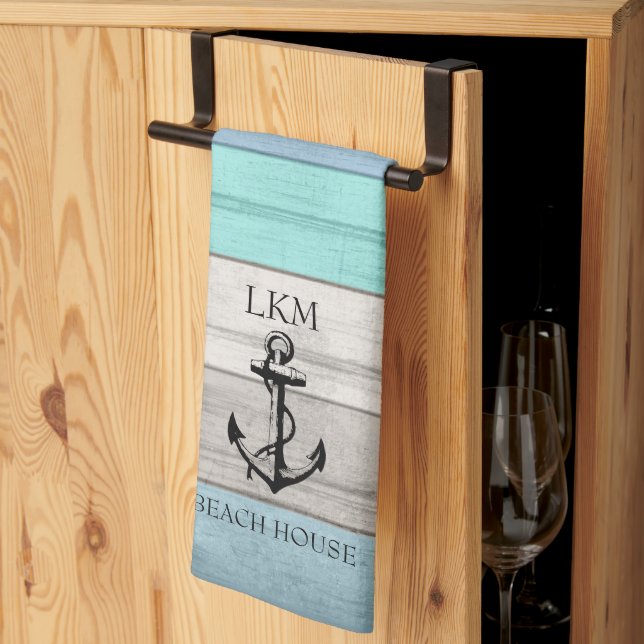 Blue and Tan Tones Wood Nautical - Monogram Geschirrtuch (Drittel gefaltet)