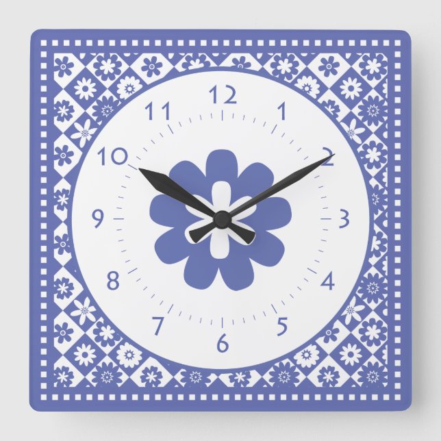 Blue and White American Country Kitchen Classic Quadratische Wanduhr (Vorderseite)