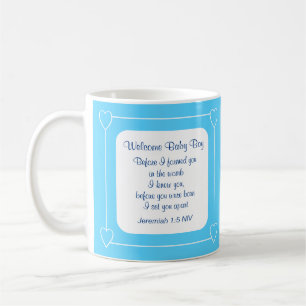 Blue and White Baby Boy Dusche Party Bible Verse Kaffeetasse