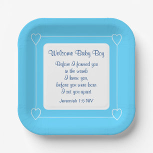Blue and White Baby Boy Dusche Party Bible Verse Pappteller
