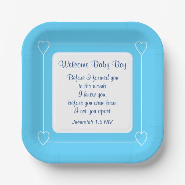 Blue and White Baby Boy Dusche Party Bible Verse Pappteller (Vorderseite)