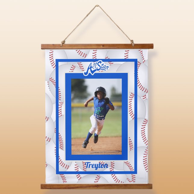 Blue and White Baseball Foto Hangband Wandteppich Mit Holzrahmen (Von Creator hochgeladen)