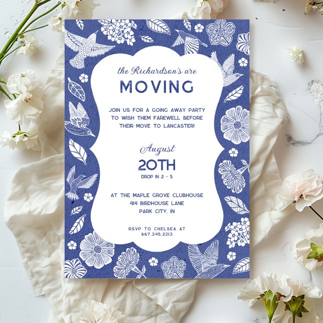 Blue and White Birds Moving Away Party Invitation (Créateur téléchargé)