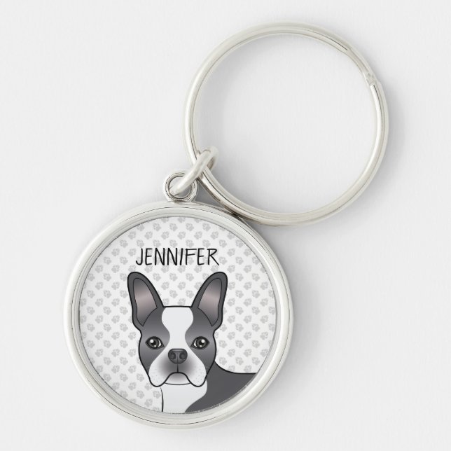 Blue and White Boston Terrier Cartoon Dog & Name Schlüsselanhänger (Vorne)