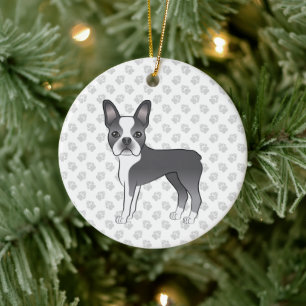Blue and White Boston Terrier Cartoon Dog & Paws Keramik Ornament
