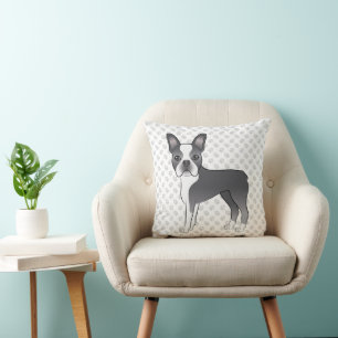 Blue and White Boston Terrier Cartoon Dog & Paws Kissen