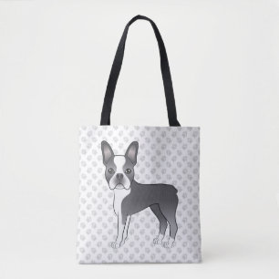 Blue and White Boston Terrier Cartoon Dog & Paws Tasche