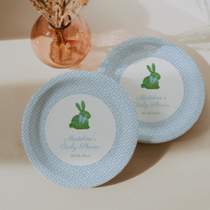 Blue and White Boxwood Bunny Boy Baby Dusche Party Pappteller