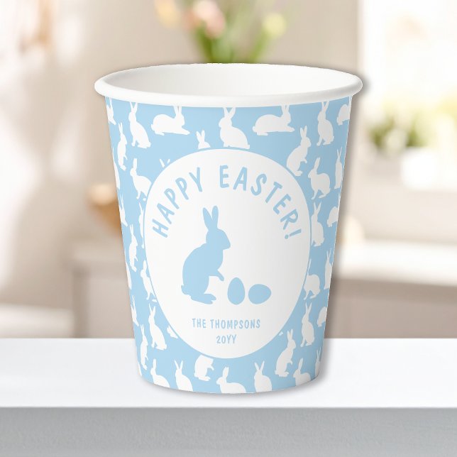 Blue And White Bunny Rabbit Pattern Happy Easter Pappbecher (Von Creator hochgeladen)