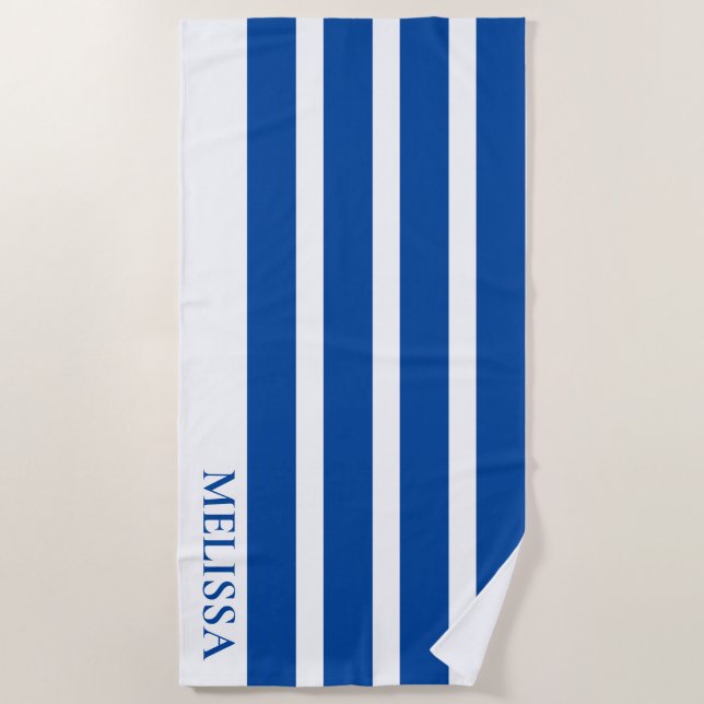 Blue And White Cabana Stripe Personalized Name   Strandtuch (Vorderseite)