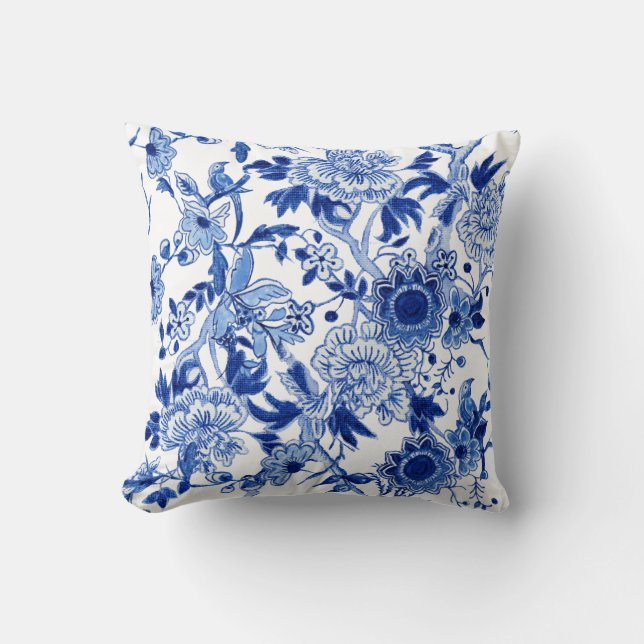 Blue and White Chinoiserie Bird Floral n Foliage  Kissen (Vorderseite)