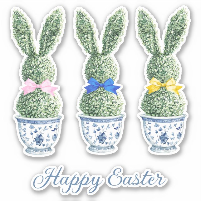 Blue and White Chinoiserie With Rabbit Topiaries Aufkleber (Vorderseite)