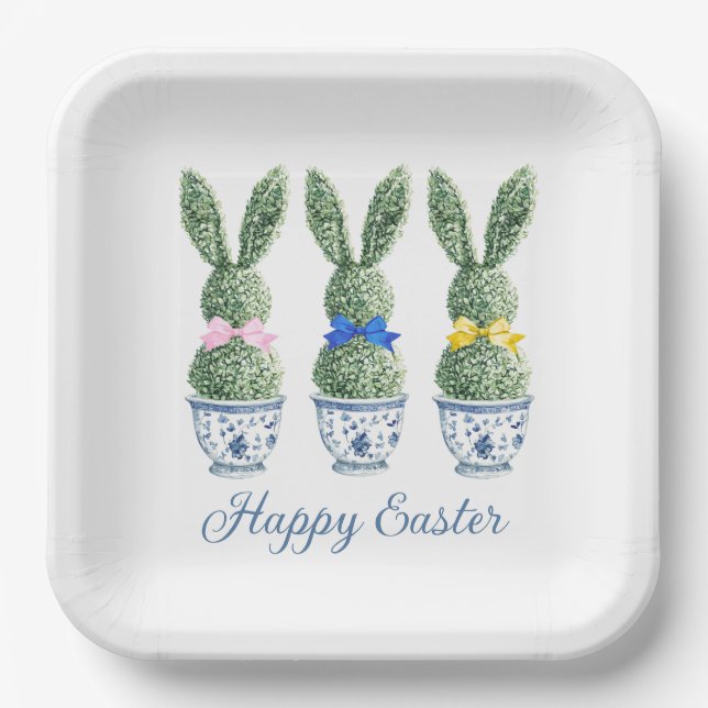 Blue and White Chinoiserie With Rabbit Topiaries Pappteller (Vorderseite)