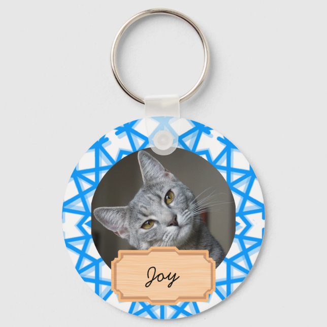 Blue and White christmas holiday Custom cat Photo  Schlüsselanhänger (Vorderseite)