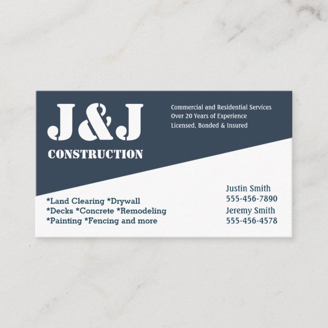 Blue and White Construction Business Card Visitenkarte (Vorderseite)