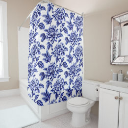 Blue and White Dahlia Blume Toile de Jouy Duschvorhang