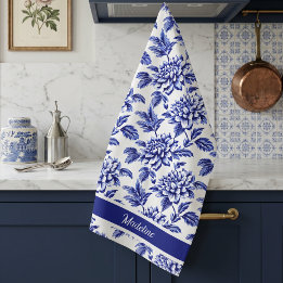 Blue and White Dahlia Blume Toile de Jouy Geschirrtuch