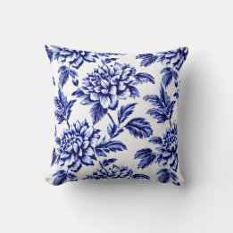 Blue and White Dahlia Blume Toile de Jouy Kissen