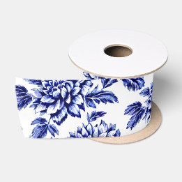 Blue and White Dahlia Blume Toile de Jouy Satinband