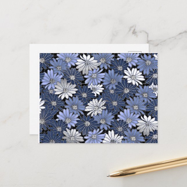 Blue and white daisy pattern postkarte (Vorderseite/Rückseite Beispiel)