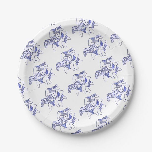Blue and White Dala Horse Paper Plate Pappteller (Vorderseite)