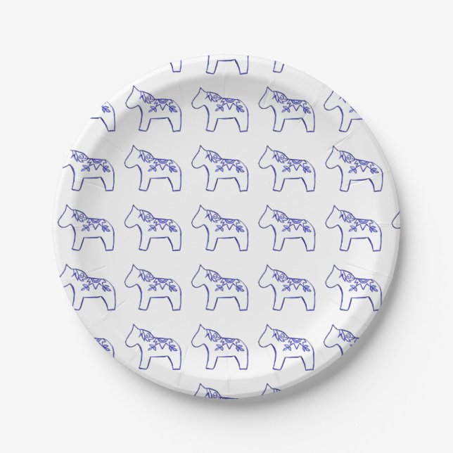 Blue and White Dala Horse Paper Plate Pappteller (Vorderseite)