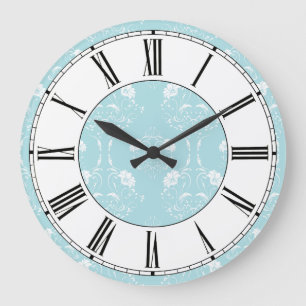 Blue and White Damask Floral Pattern Große Wanduhr